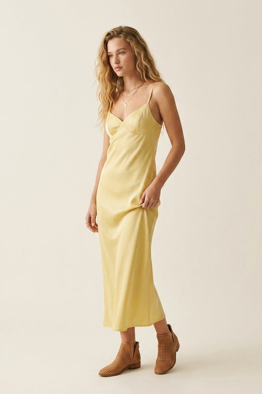 Yellow Satin Slip maxi Dress with Adjustable Straps - dress