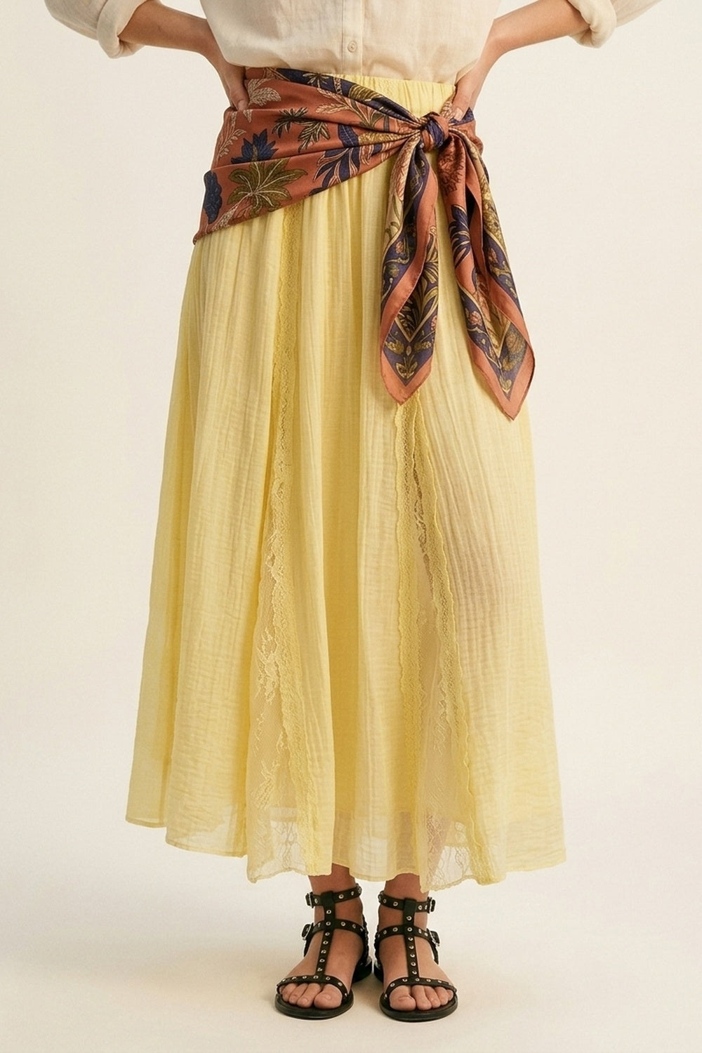 Yellow Sheer Textured A-Line maxi Skirt with lace insert - Skirts