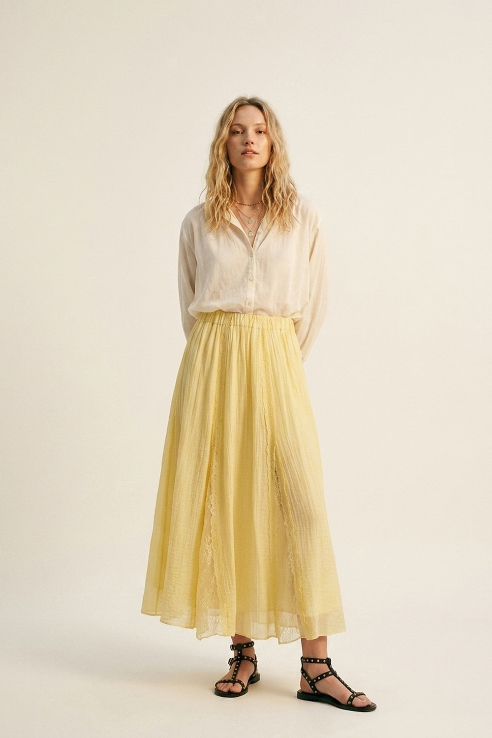Yellow Sheer Textured A-Line maxi Skirt with lace insert - Skirts