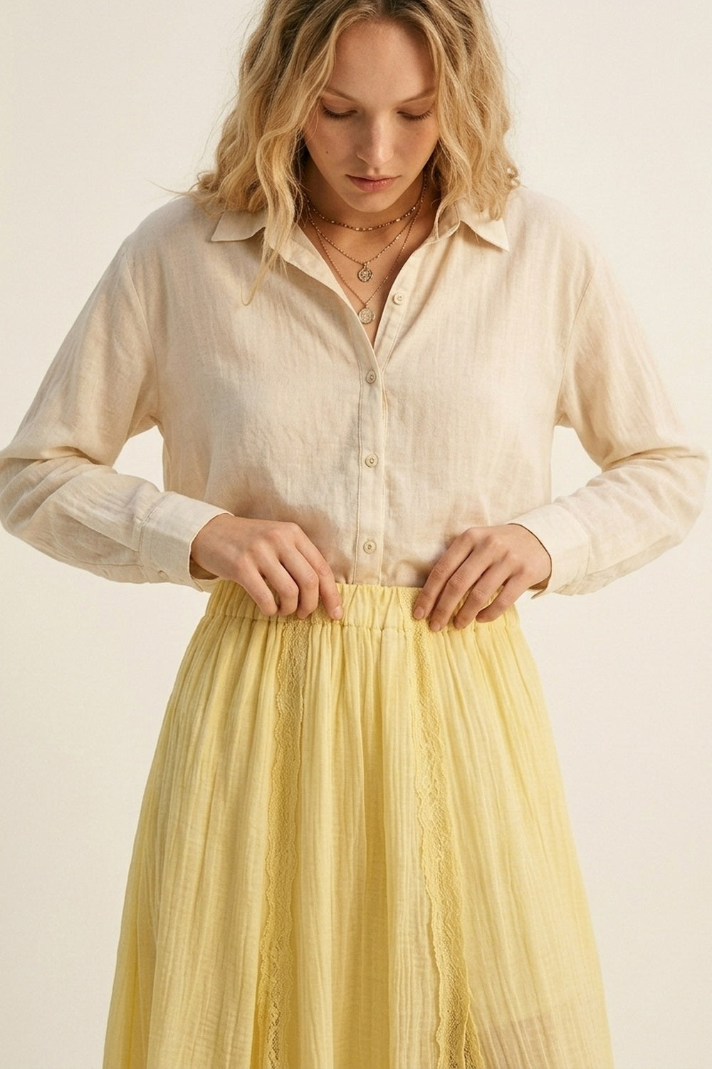 Yellow Sheer Textured A-Line maxi Skirt with lace insert - Skirts