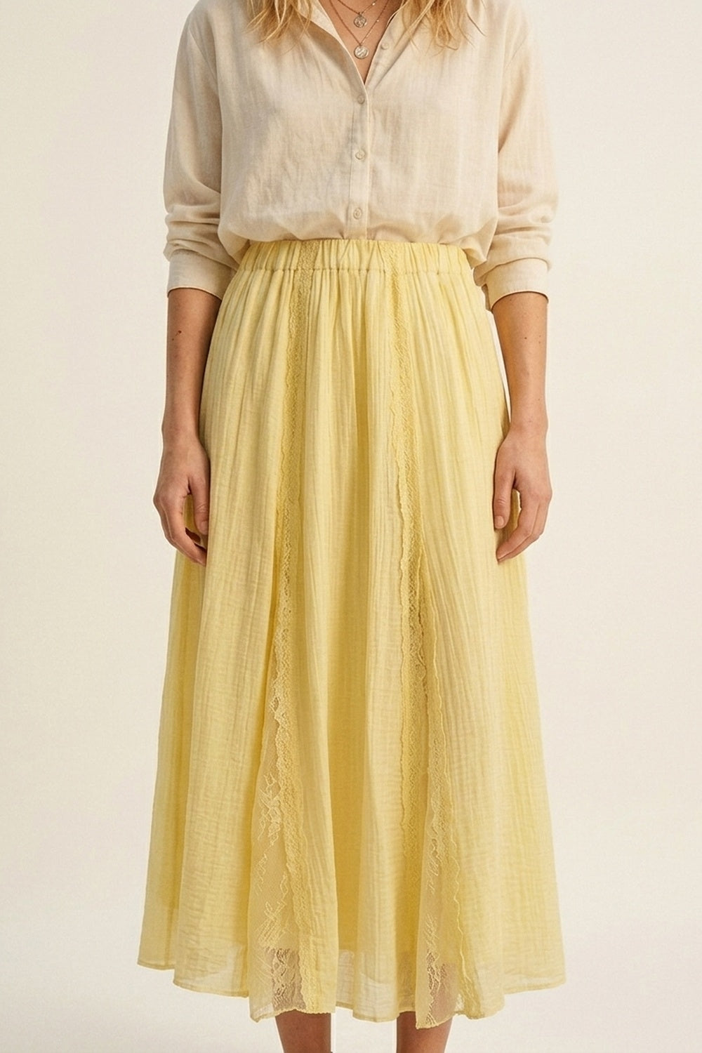 Yellow Sheer Textured A-Line maxi Skirt with lace insert - Skirts