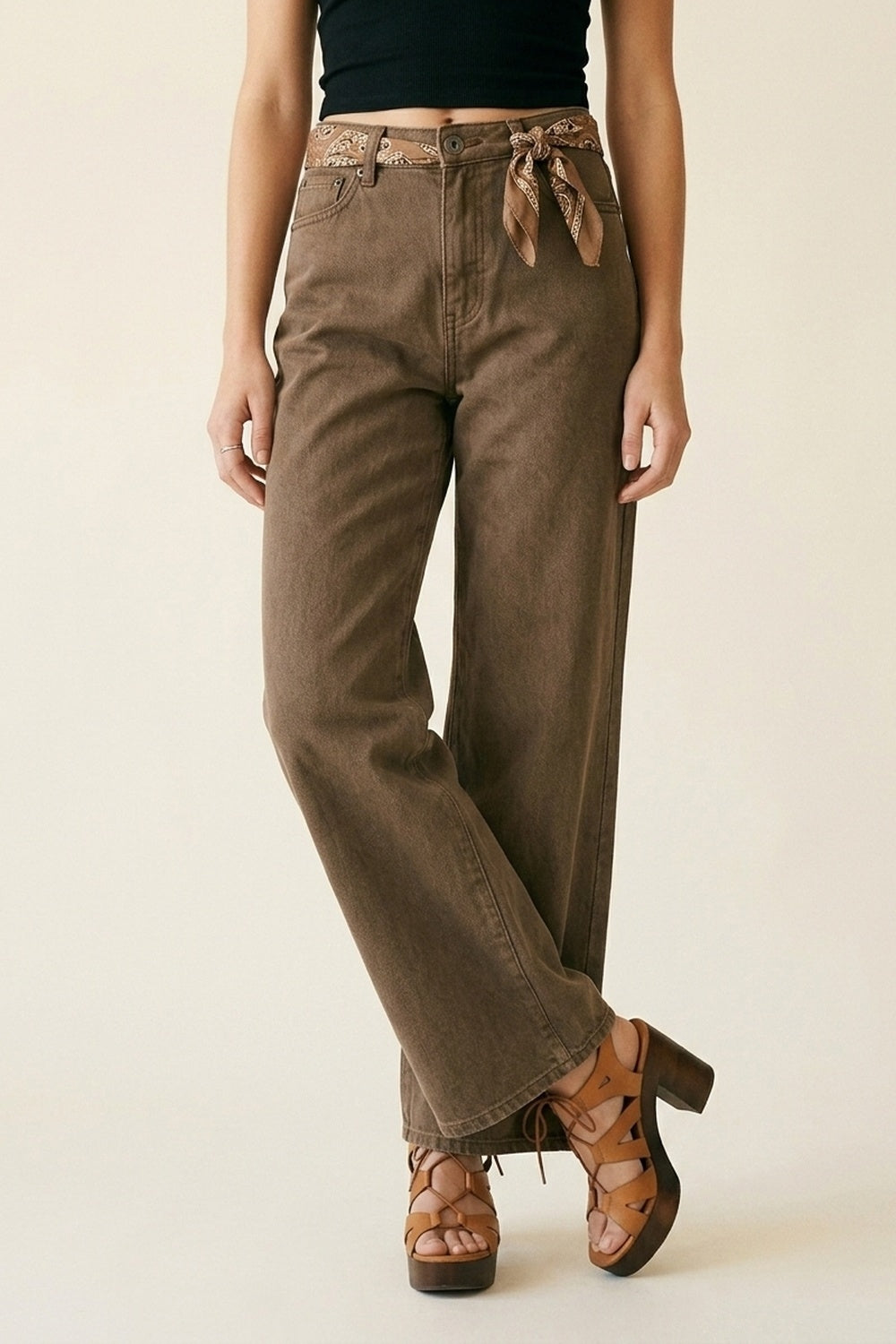Brown Wide-Leg Casual Cotton Denim Pants - Coloured Jeans