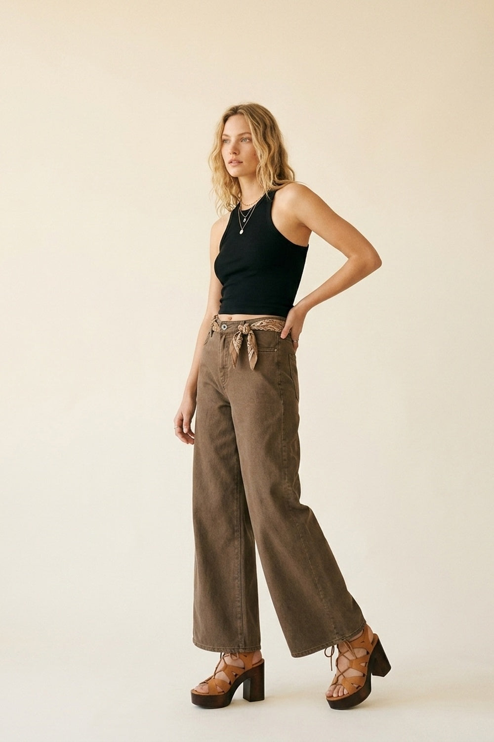 Brown Wide-Leg Casual Cotton Denim Pants - Coloured Jeans