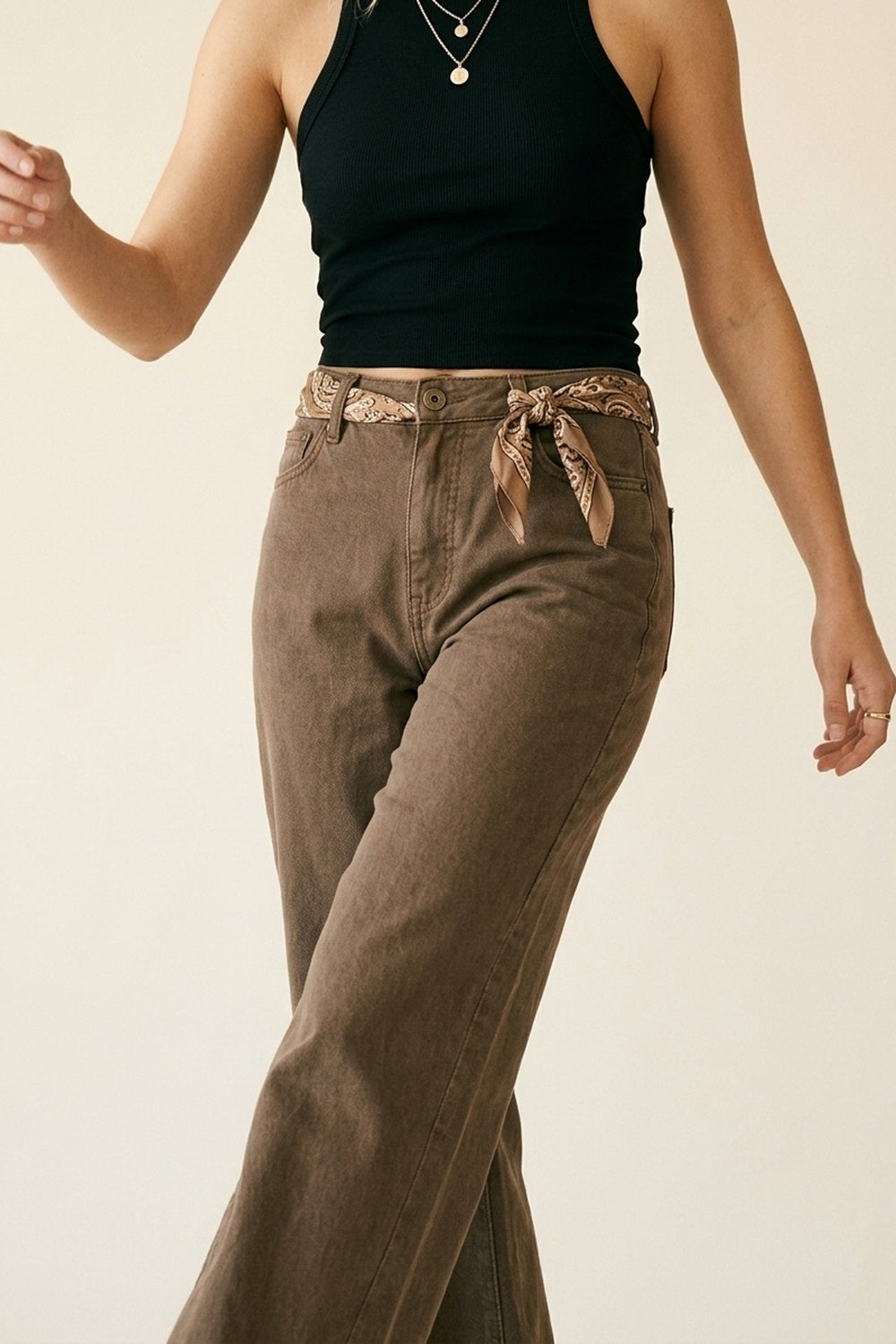 Brown Wide-Leg Casual Cotton Denim Pants - Coloured Jeans
