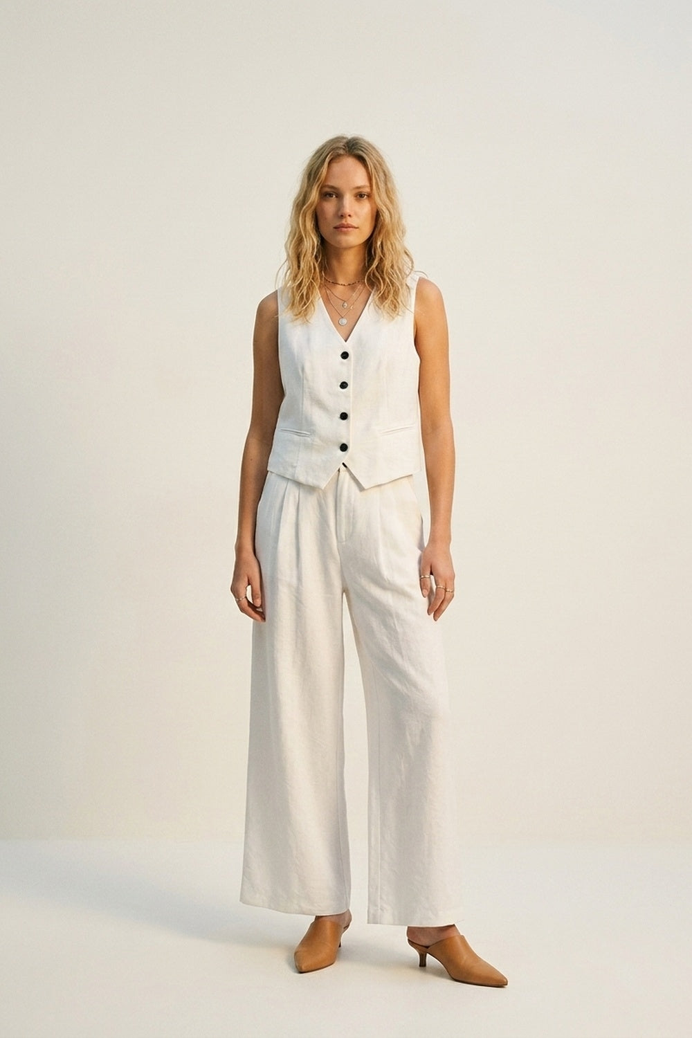 White Wide-Leg Front Pleat Summery Pants - trousers