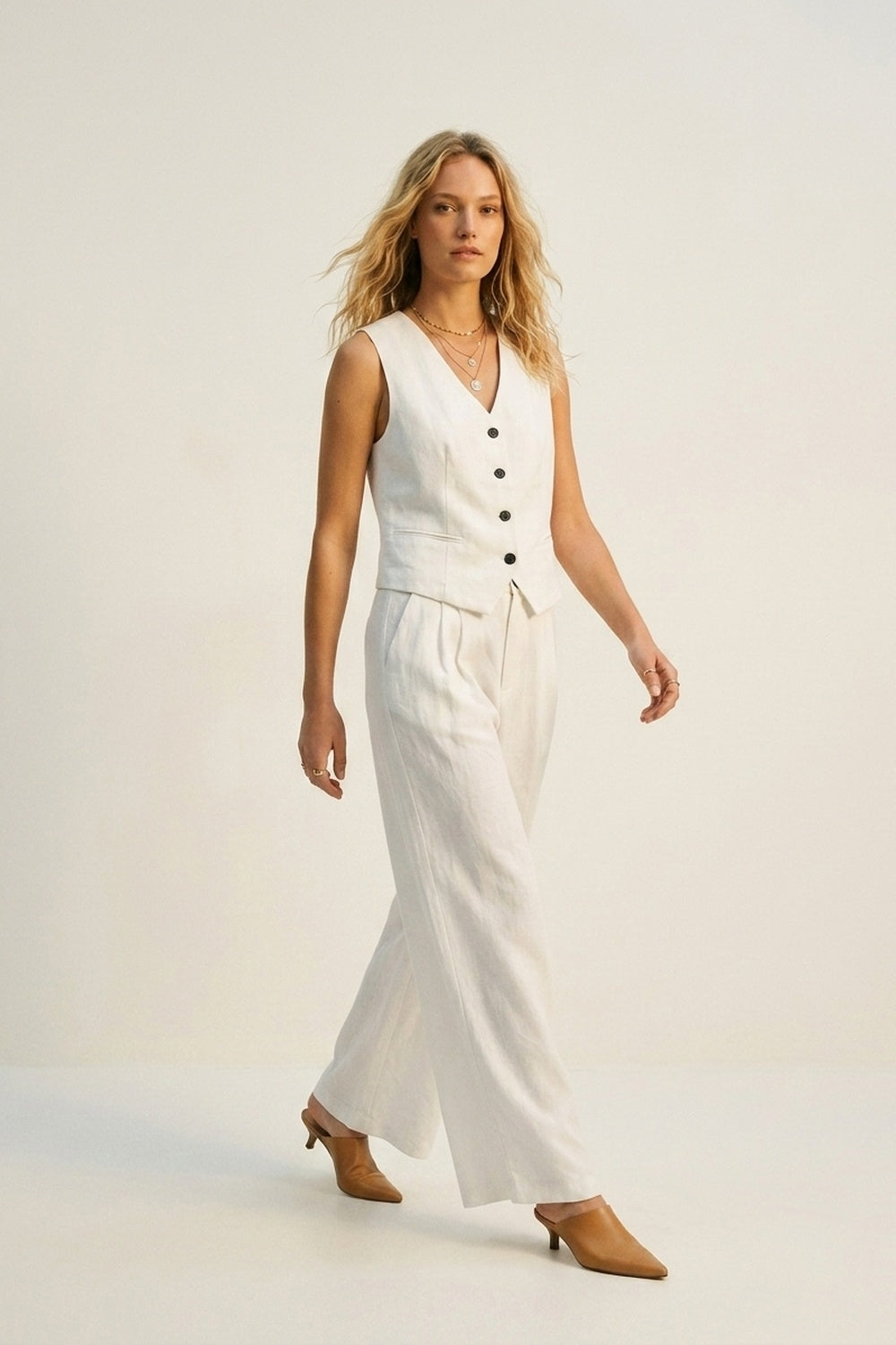 White Wide-Leg Front Pleat Summery Pants - trousers