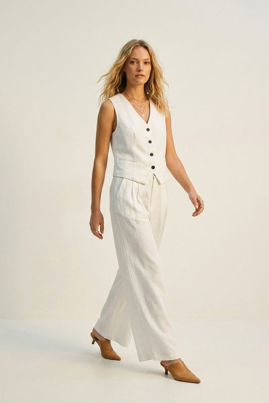 White Wide-Leg Front Pleat Summery Pants - trousers
