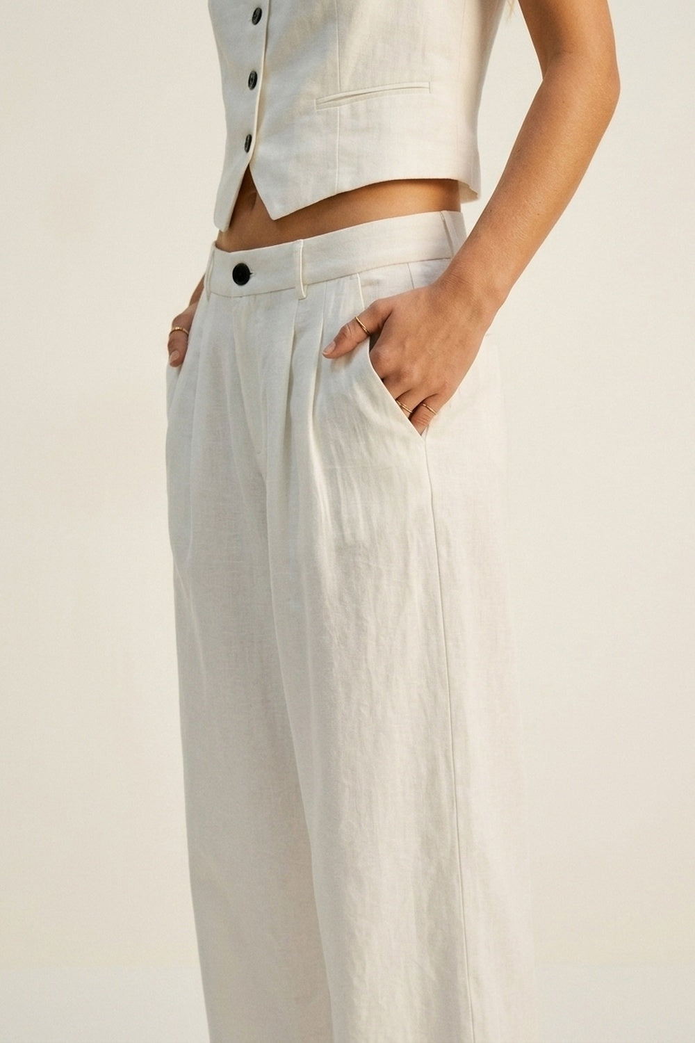White Wide-Leg Front Pleat Summery Pants - trousers
