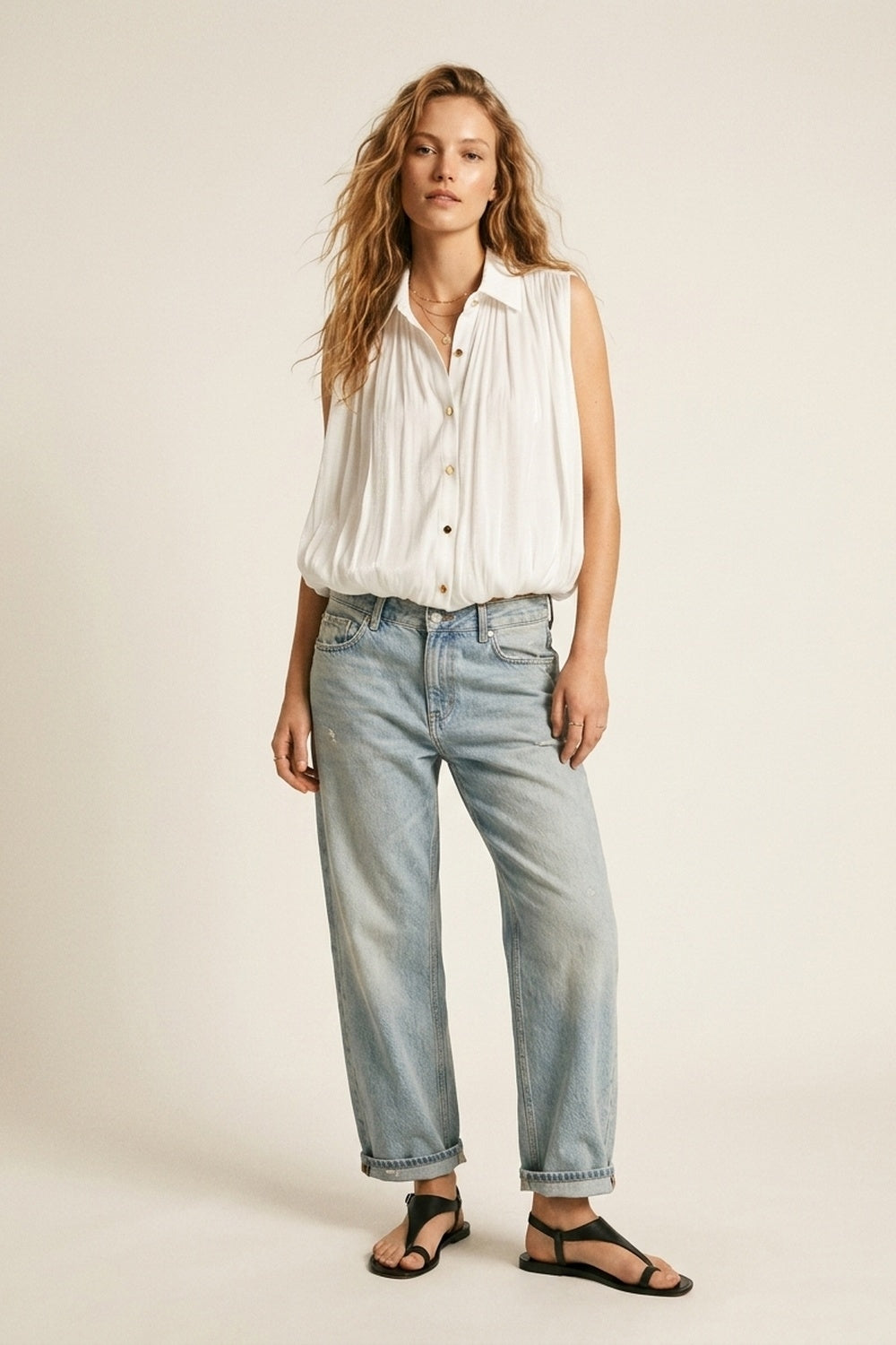 White Gathered at Hem sleeveless Blouse With Gold Buttons - Shirts