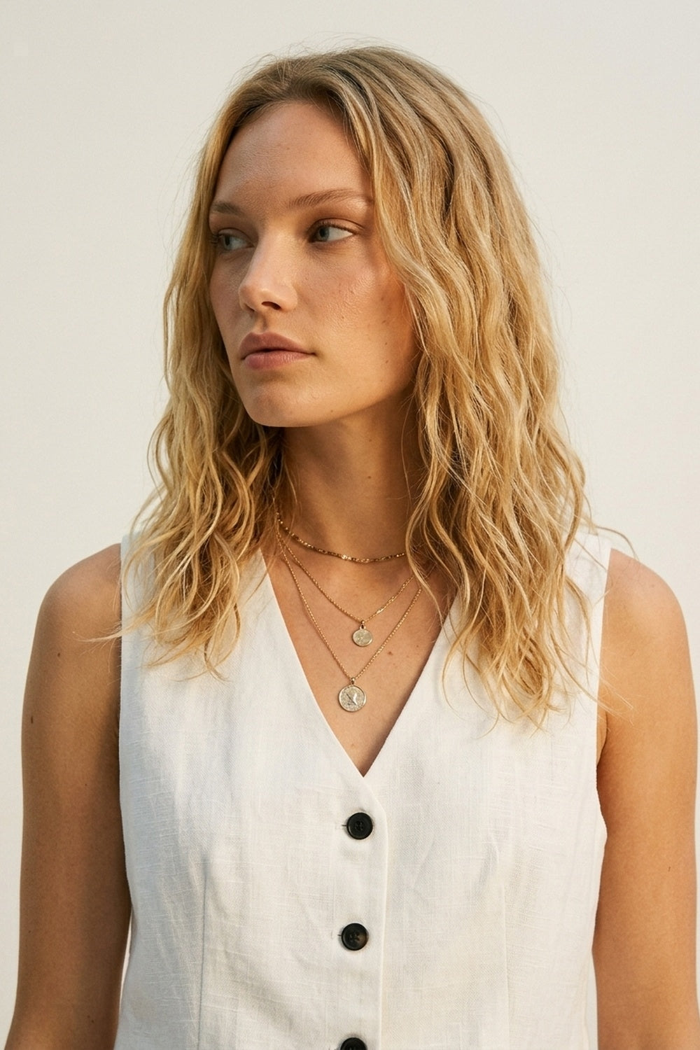 White Textured Vest with black Button-Front