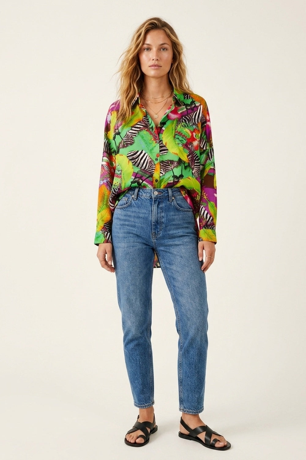 Multi Green Vibrant Tropical Print Button-Up Shirt in satin fabric - Shirts