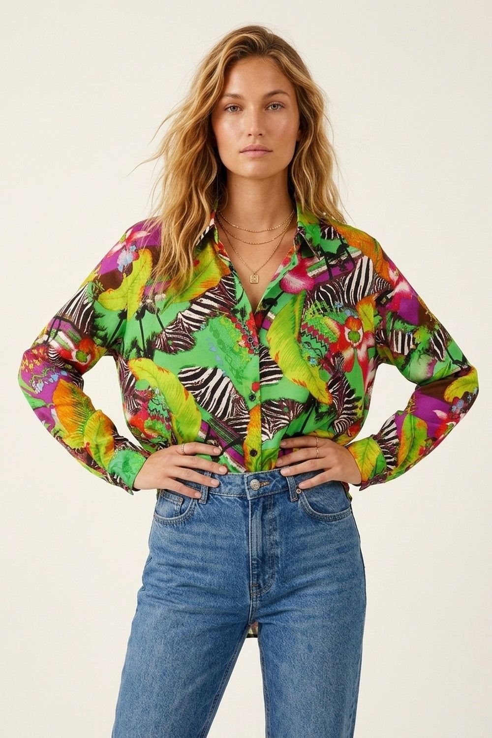 Multi Green Vibrant Tropical Print Button-Up Shirt in satin fabric - Shirts