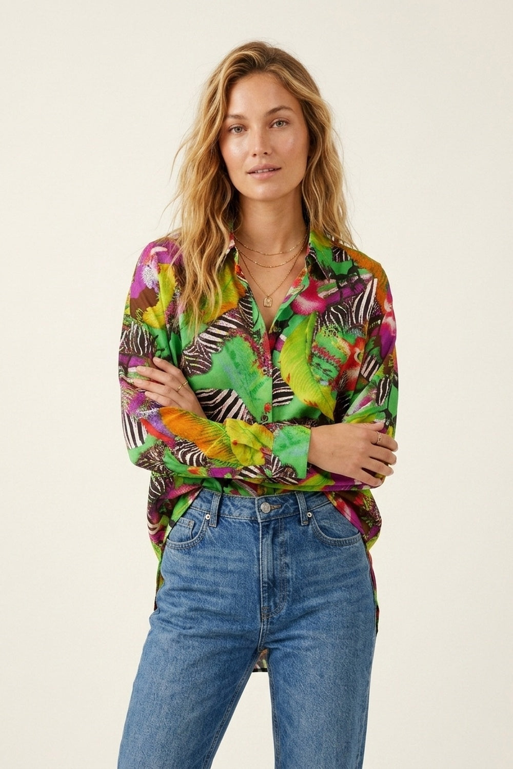 Multi Green Vibrant Tropical Print Button-Up Shirt in satin fabric - Shirts