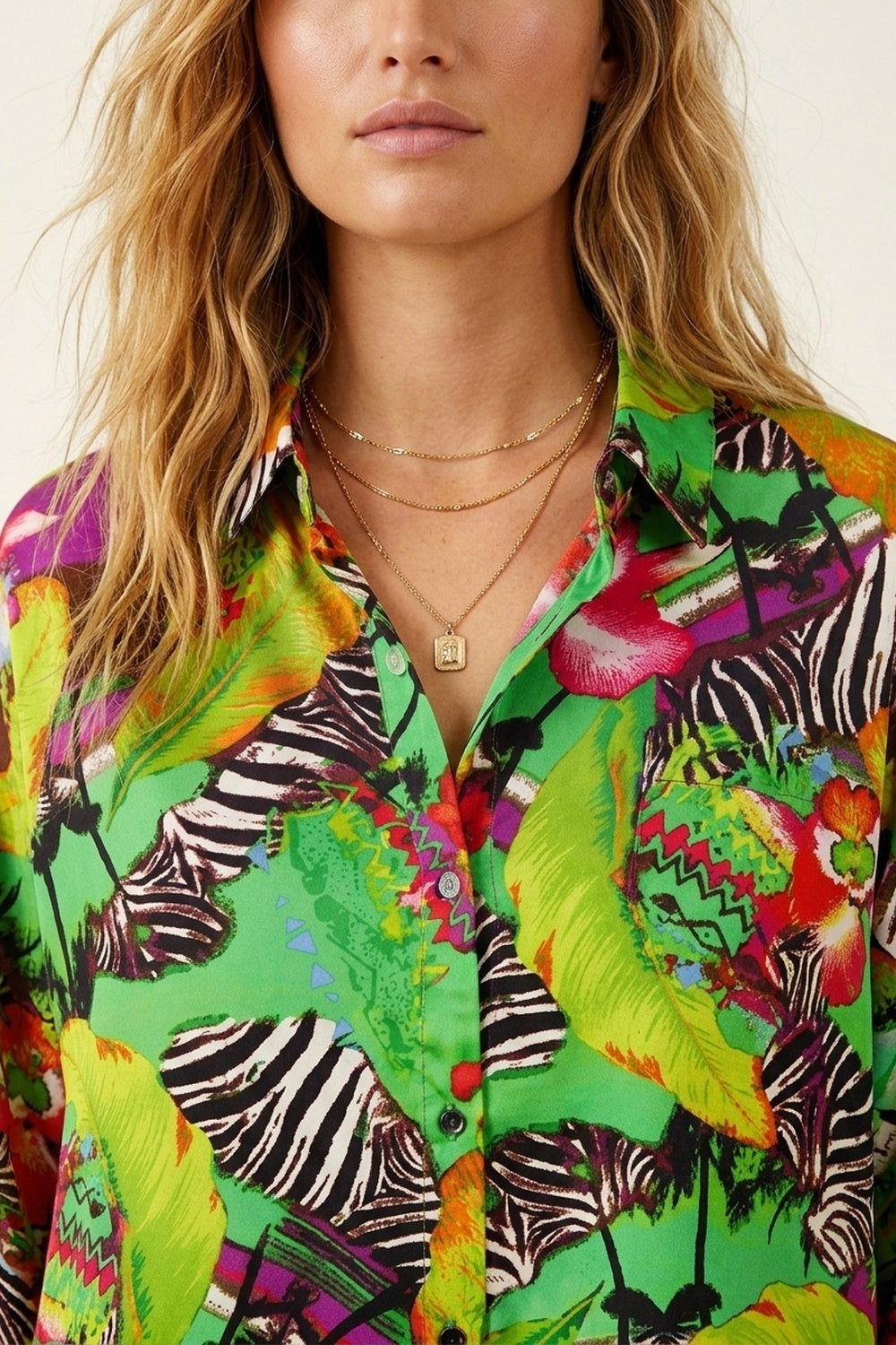Multi Green Vibrant Tropical Print Button-Up Shirt in satin fabric - Shirts