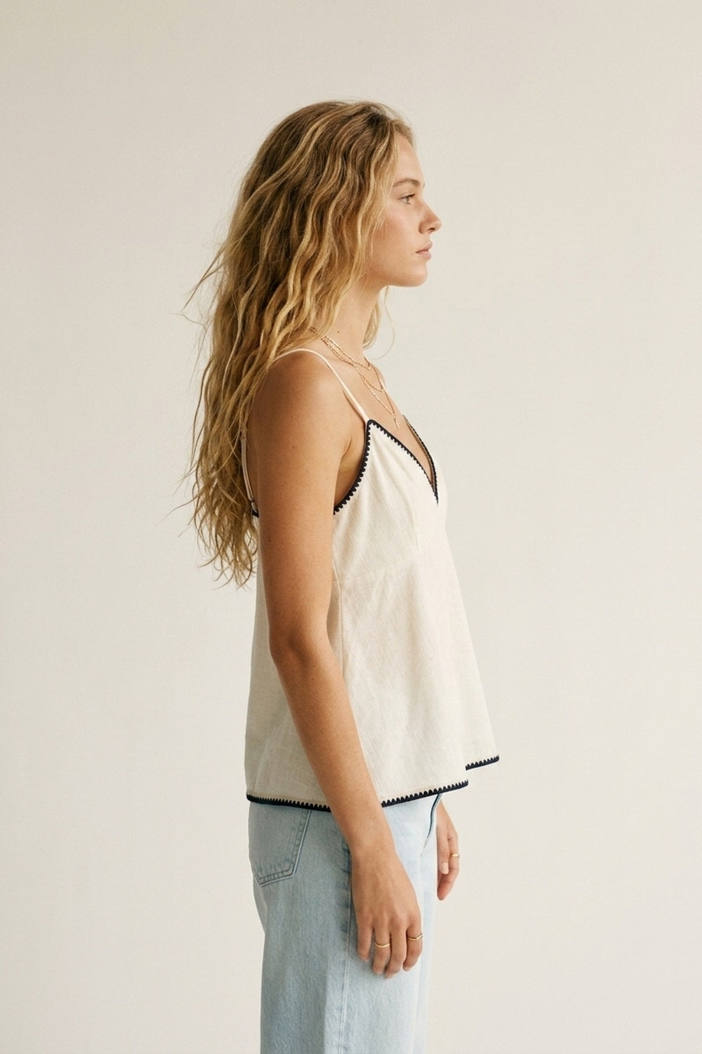 white Lightweight Cami with zig-zag navy Trim - top