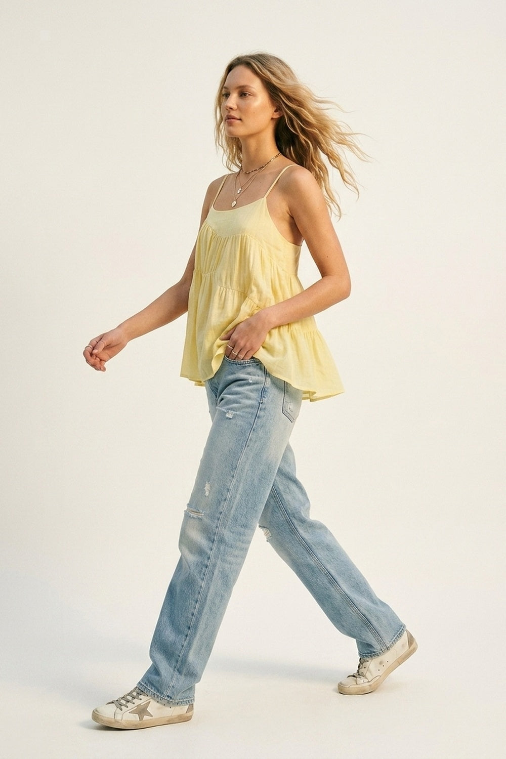 butter Yellow Lightweight Tiered Spaghetti Strap Asymmetric top
