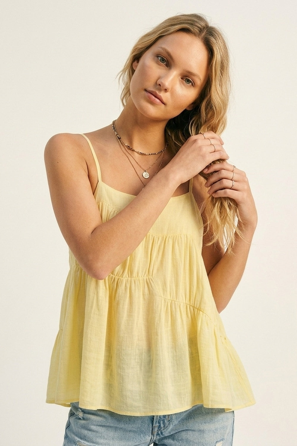butter Yellow Lightweight Tiered Spaghetti Strap Asymmetric top