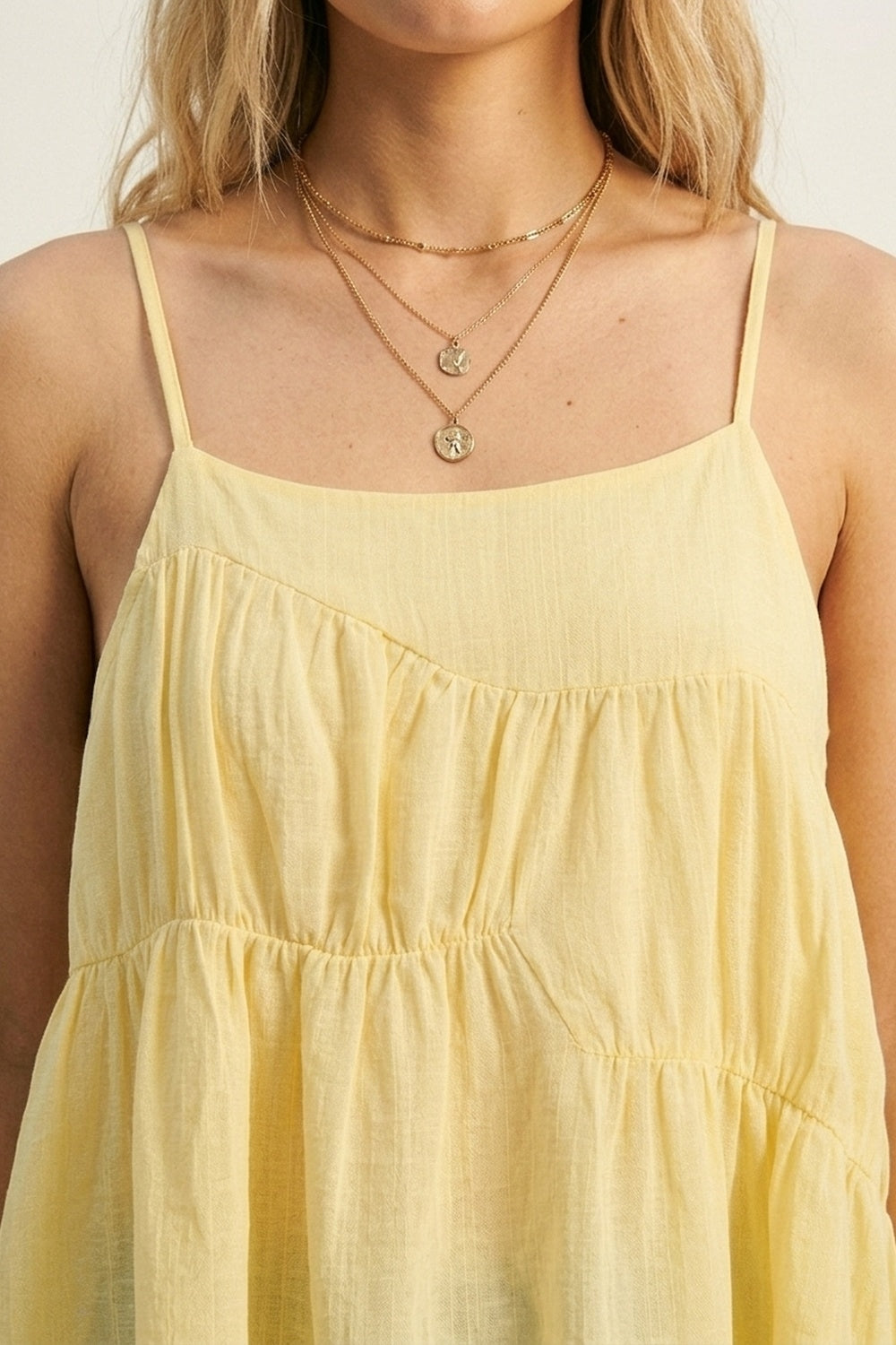 butter Yellow Lightweight Tiered Spaghetti Strap Asymmetric top