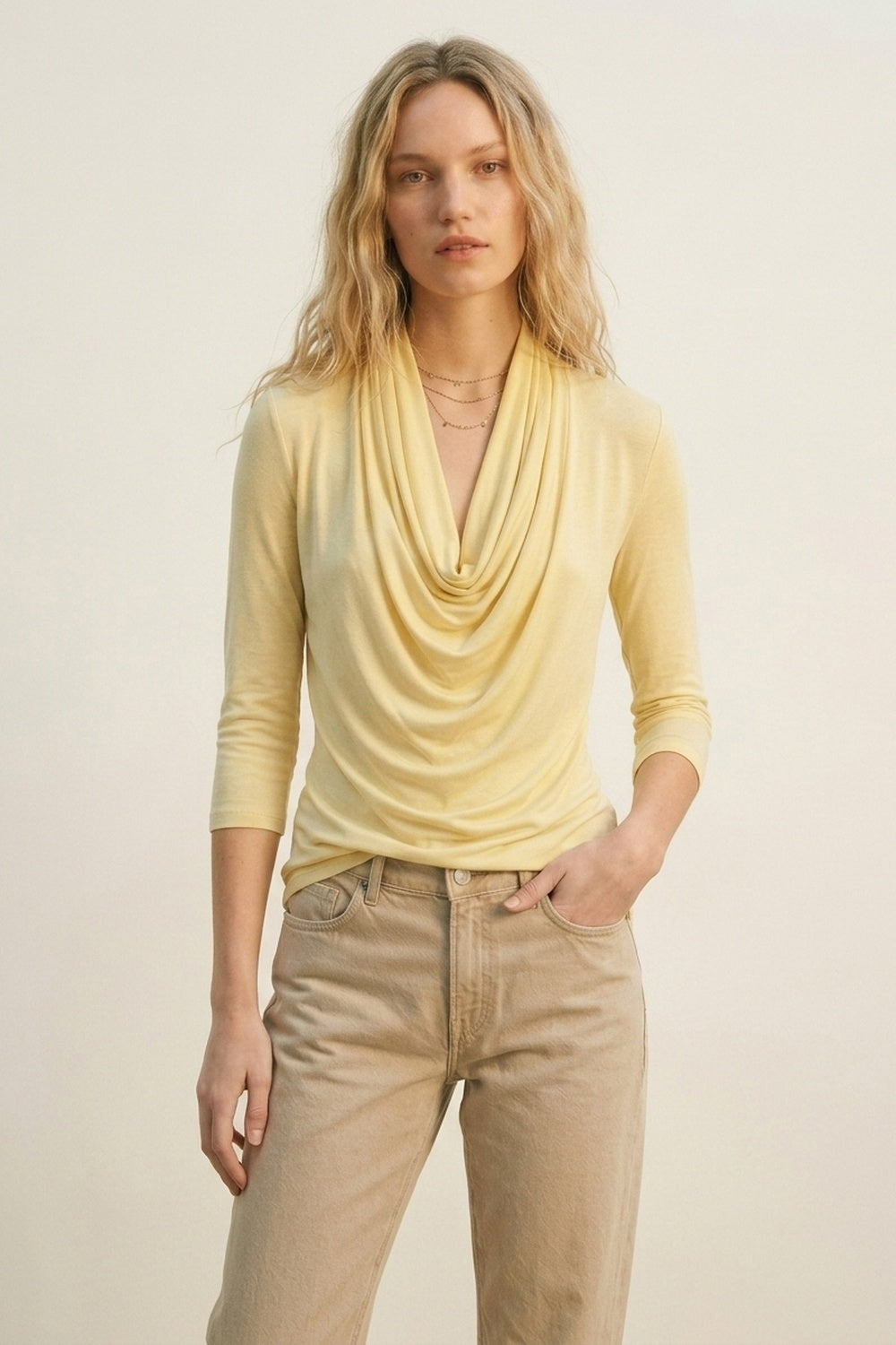 butter yellow front draped top with 3/4 sleeve