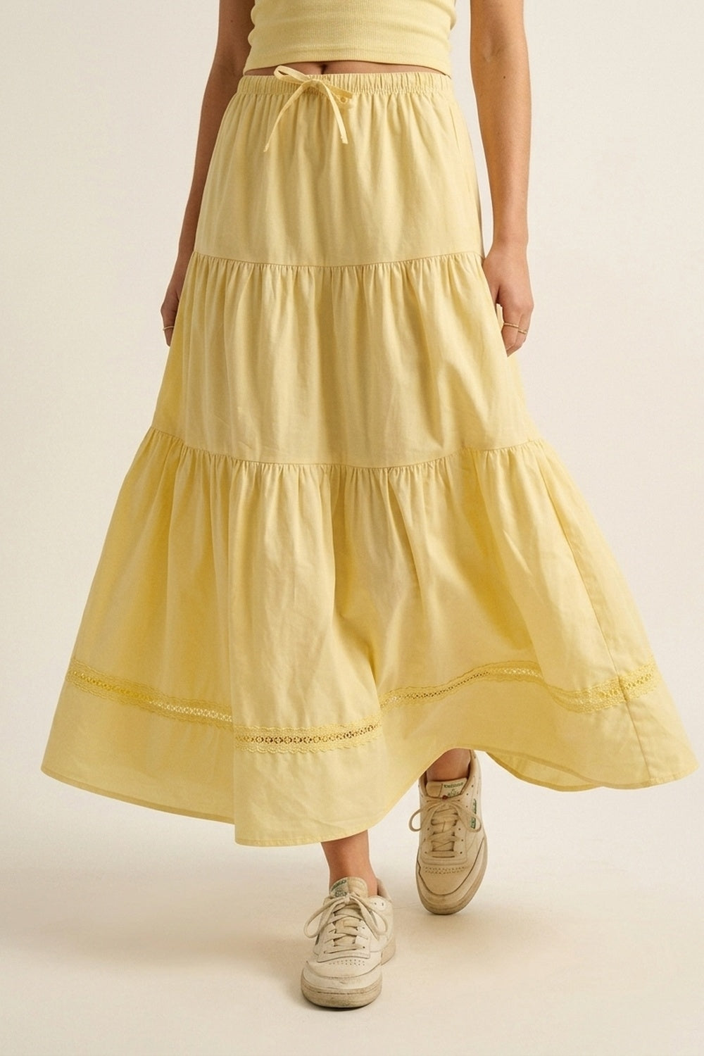 Yellow Poplin Maxi Skirt with Lace Detail