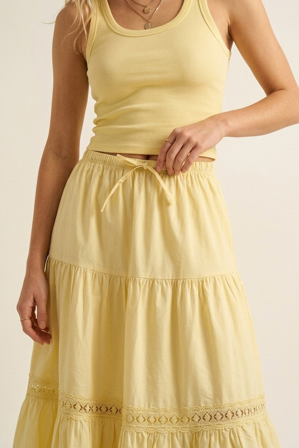Yellow Poplin Maxi Skirt with Lace Detail