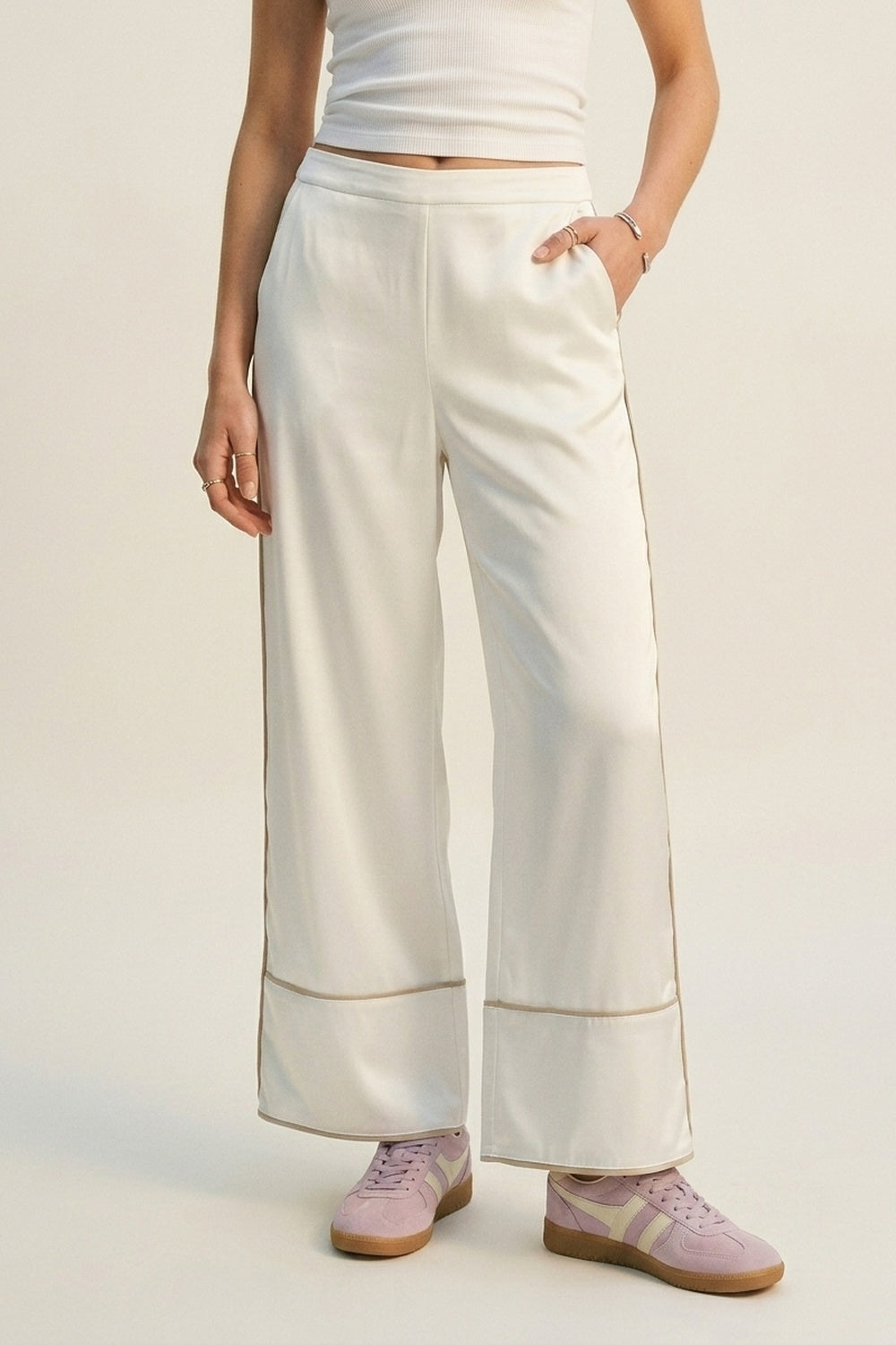 Ivory Satin Wide-Leg Kimono Trousers - trousers
