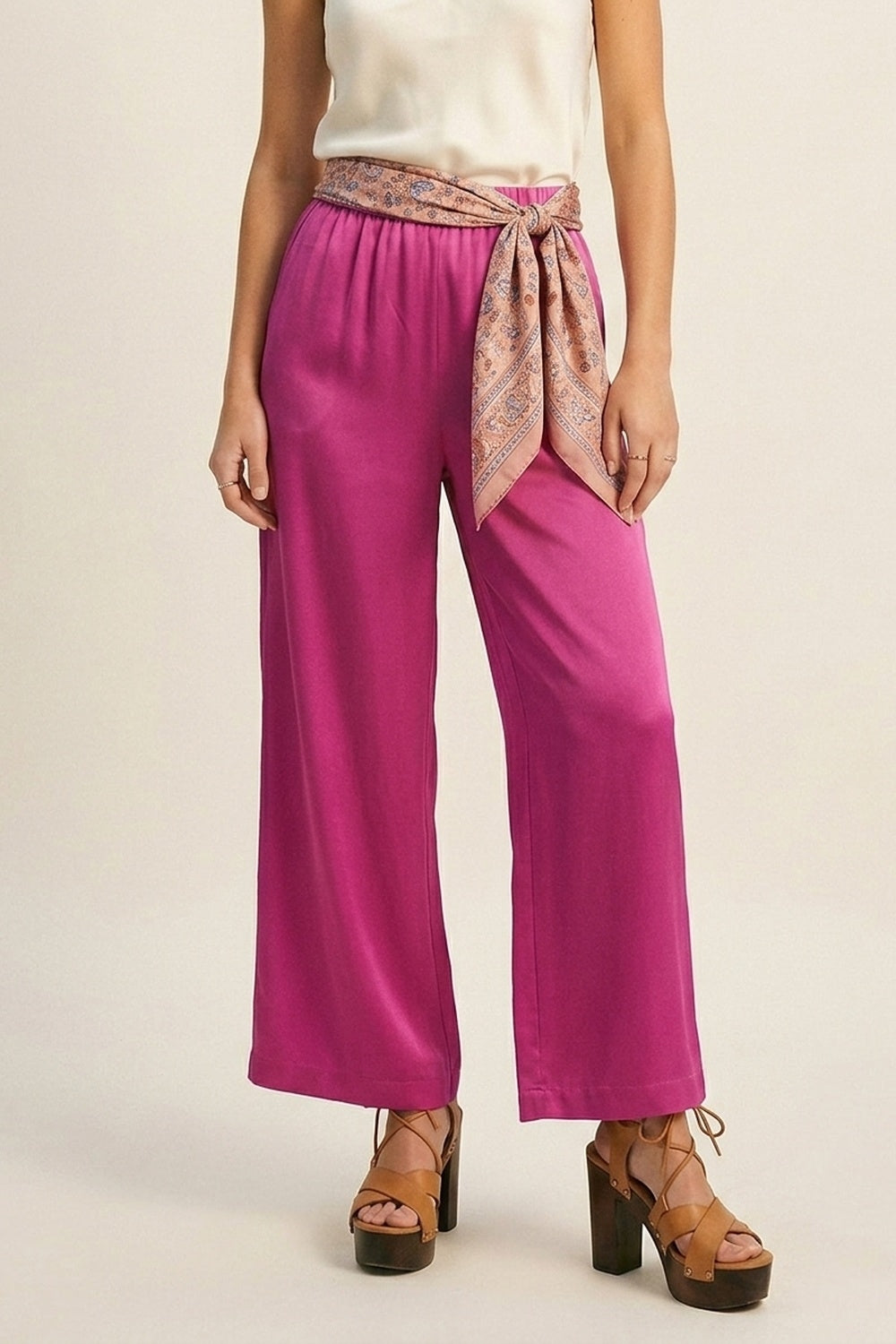 Fuchsia Lightweight Satin Wide Leg Elastic Waist Pants - trousers