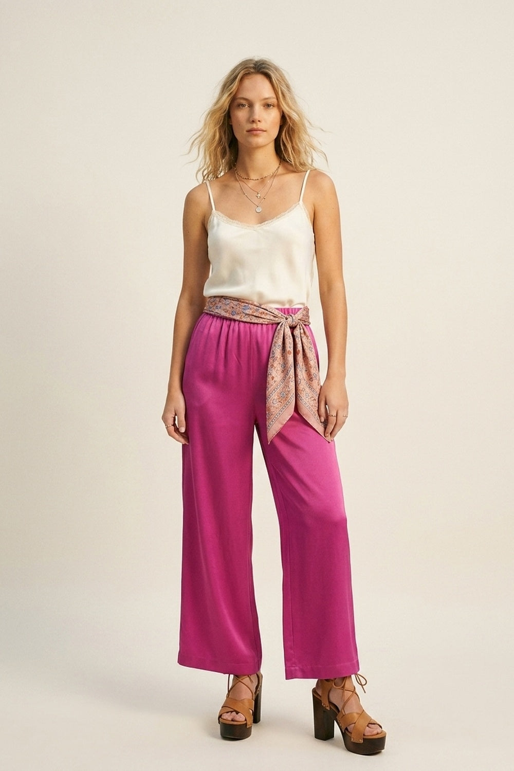 Fuchsia Lightweight Satin Wide Leg Elastic Waist Pants - trousers