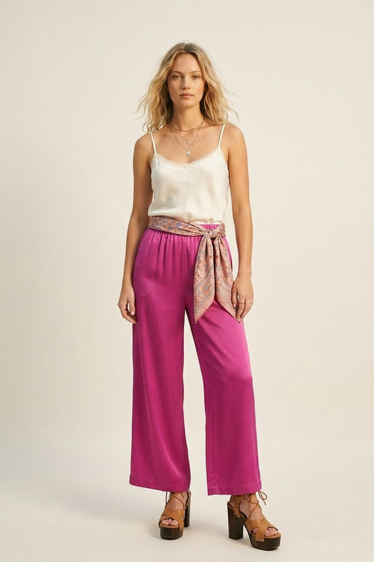 Fuchsia Lightweight Satin Wide Leg Elastic Waist Pants - trousers