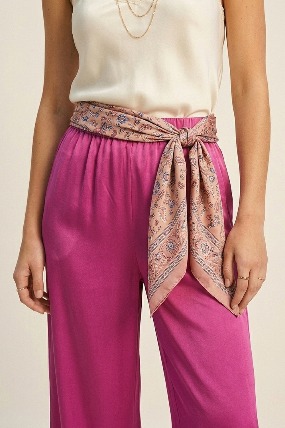 Fuchsia Lightweight Satin Wide Leg Elastic Waist Pants - trousers