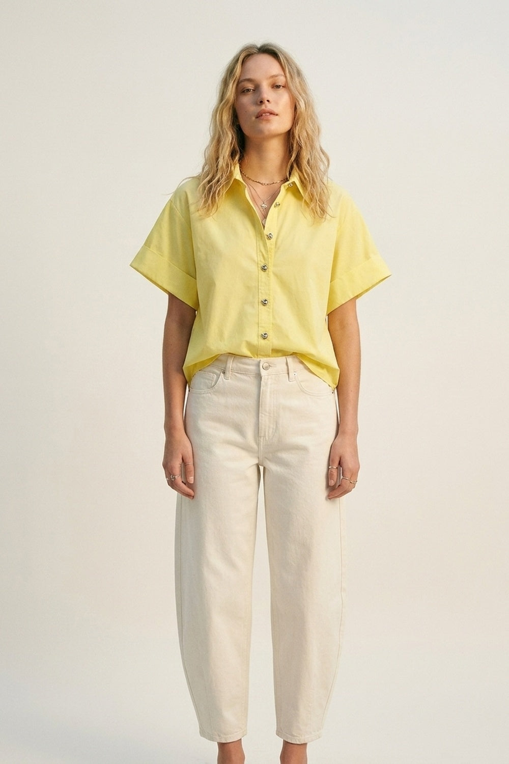 Yellow Short-Sleeve Kimono Shirt with silver buttons - Shirts