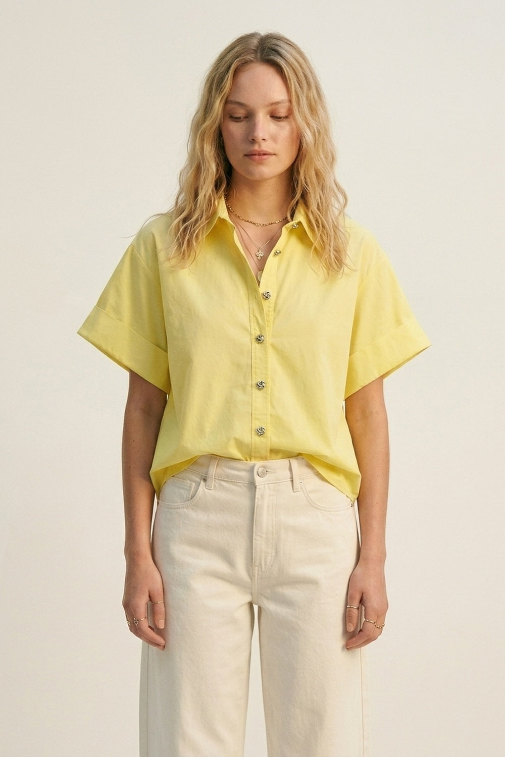 Yellow Short-Sleeve Kimono Shirt with silver buttons - Shirts