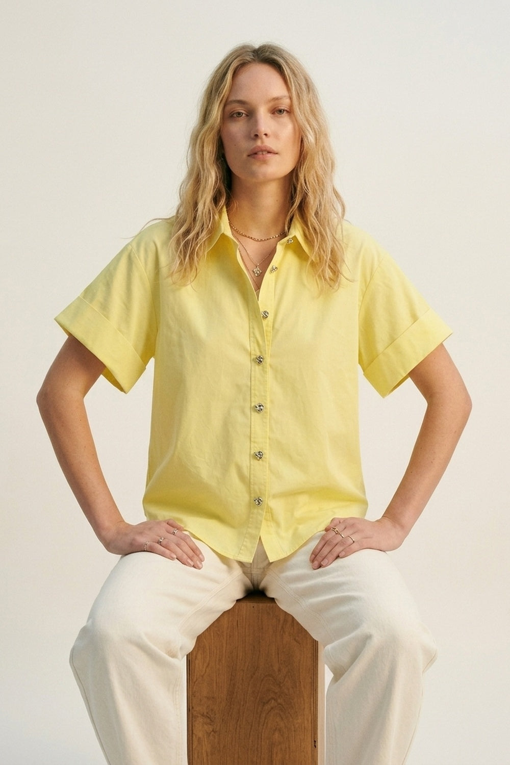 Yellow Short-Sleeve Kimono Shirt with silver buttons - Shirts