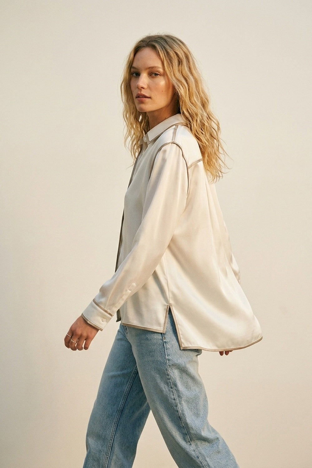 Cream Satin Button-Down Shirt with Contrast Trim - Shirts