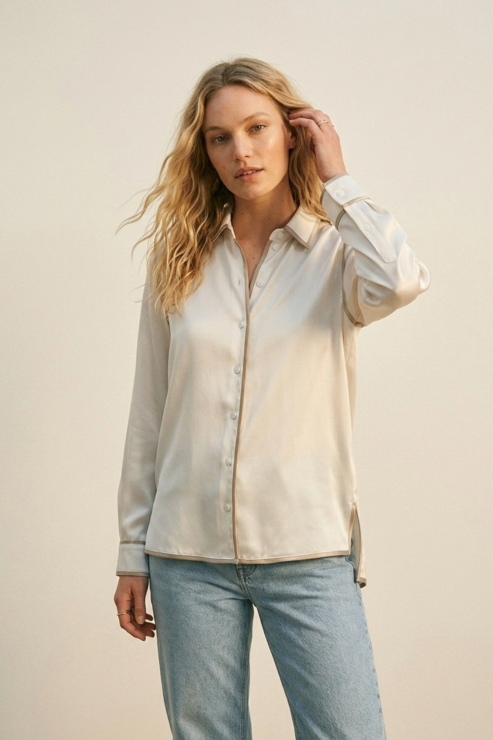 Cream Satin Button-Down Shirt with Contrast Trim - Shirts