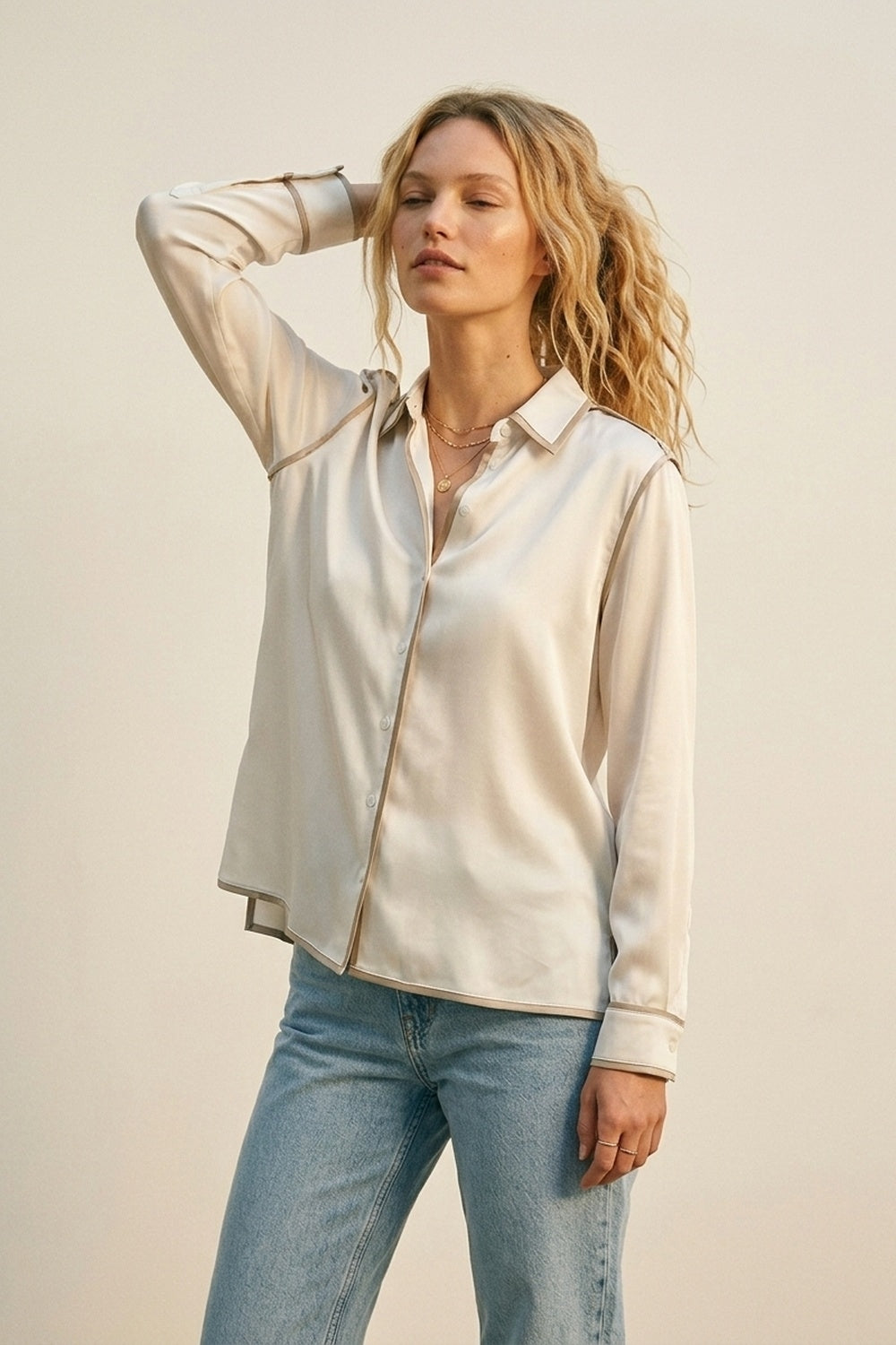 Cream Satin Button-Down Shirt with Contrast Trim - Shirts