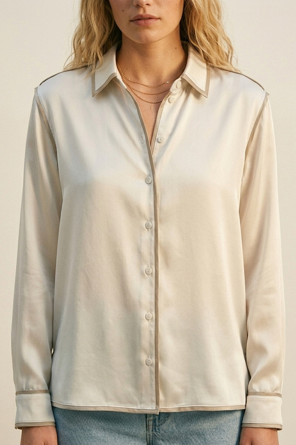 Cream Satin Button-Down Shirt with Contrast Trim - Shirts