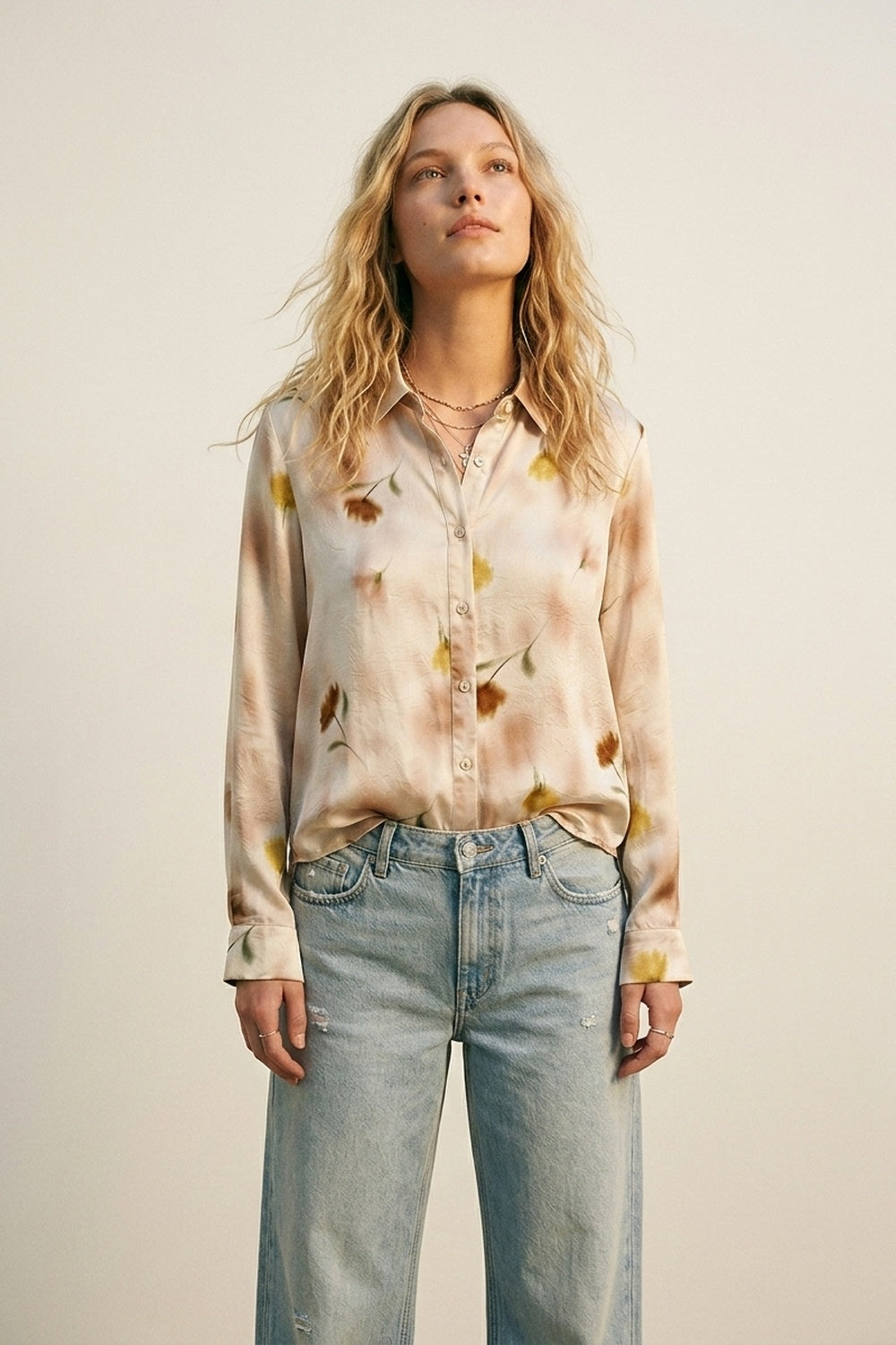 Beige Floral Satin Button-Down Shirt