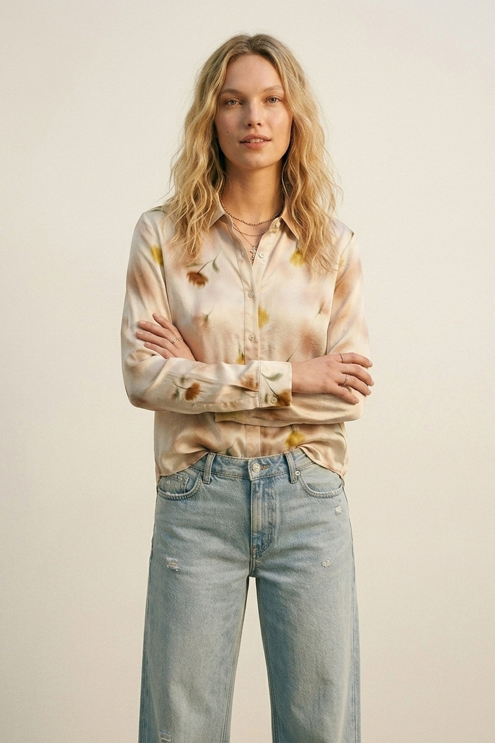 Beige Floral Satin Button-Down Shirt - Shirts