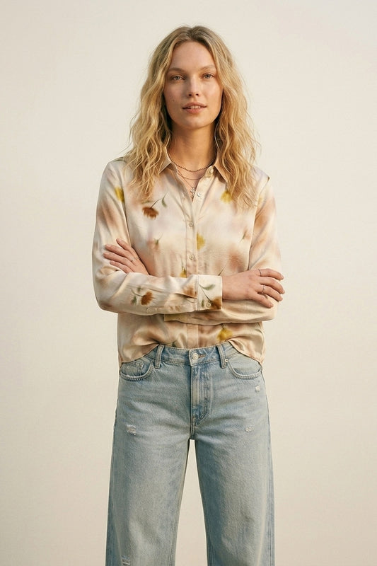Beige Floral Satin Button-Down Shirt - Shirts