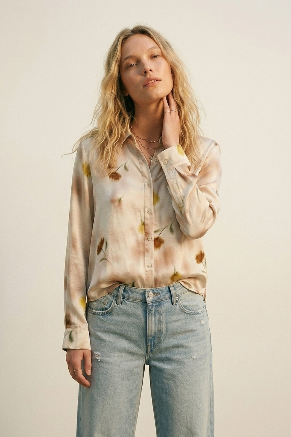Beige Floral Satin Button-Down Shirt - Shirts