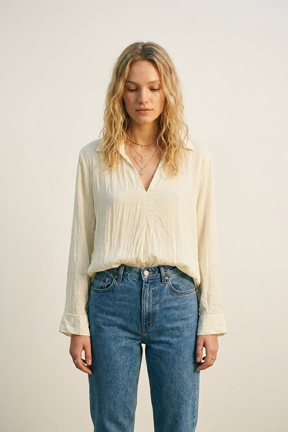 Cream Relaxed Fit Tunic Shirt with sheer fabric - Shirts
