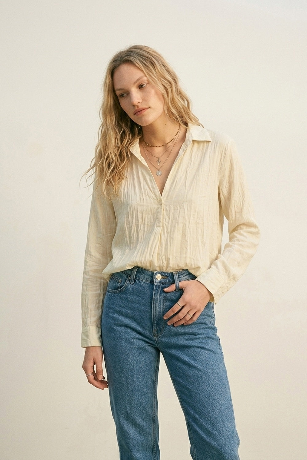 Cream Relaxed Fit Tunic Shirt with sheer fabric - Shirts