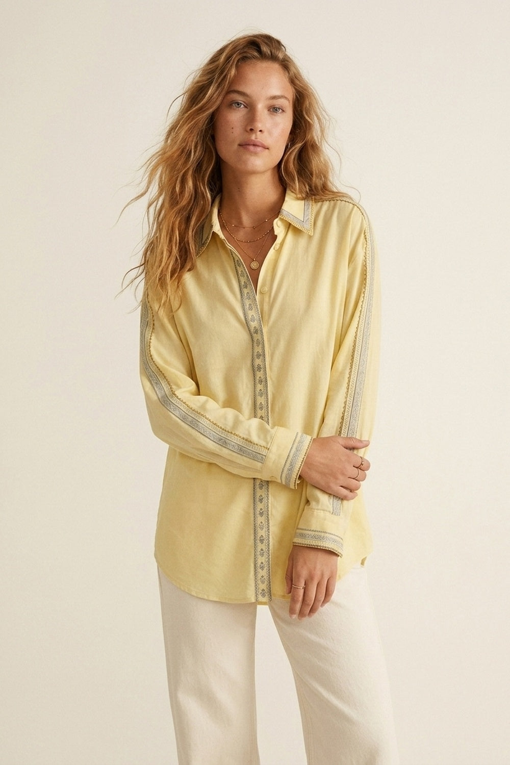 Yellow Oversize Shirt with Embroidered Trim Details - Shirts