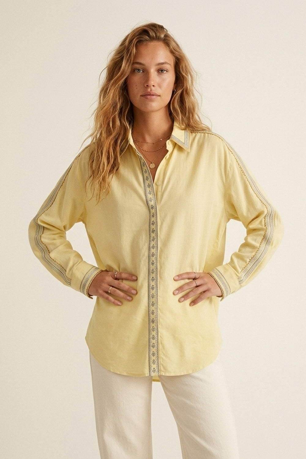 Yellow Oversize Shirt with Embroidered Trim Details - Shirts