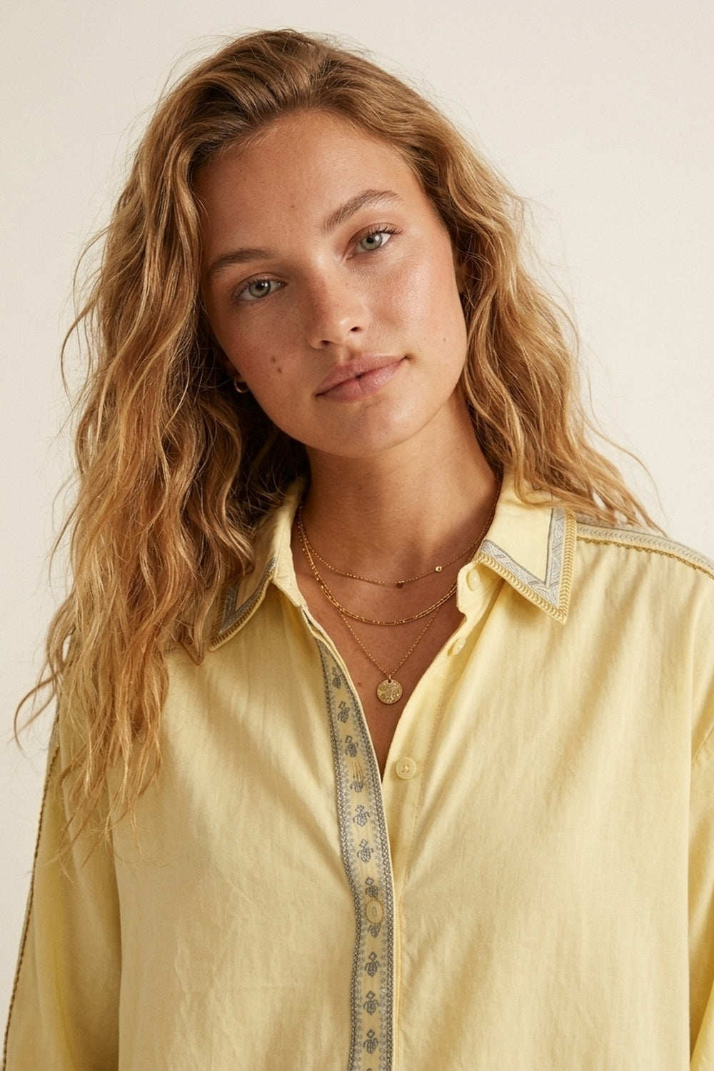Yellow Oversize Shirt with Embroidered Trim Details - Shirts