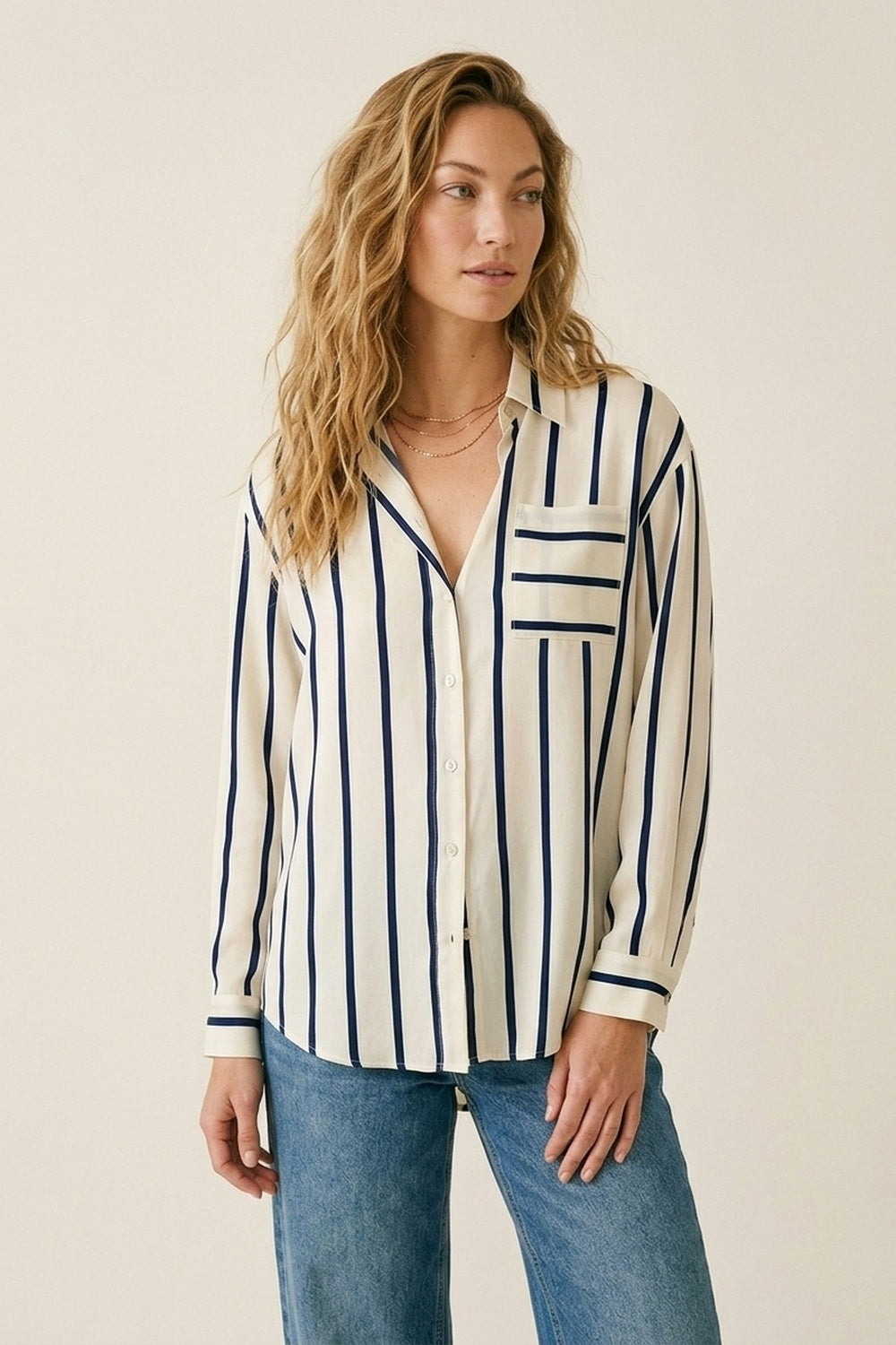 Cream Stripe Relaxed Fit Shirt in satin fabric with pocket - Shirts