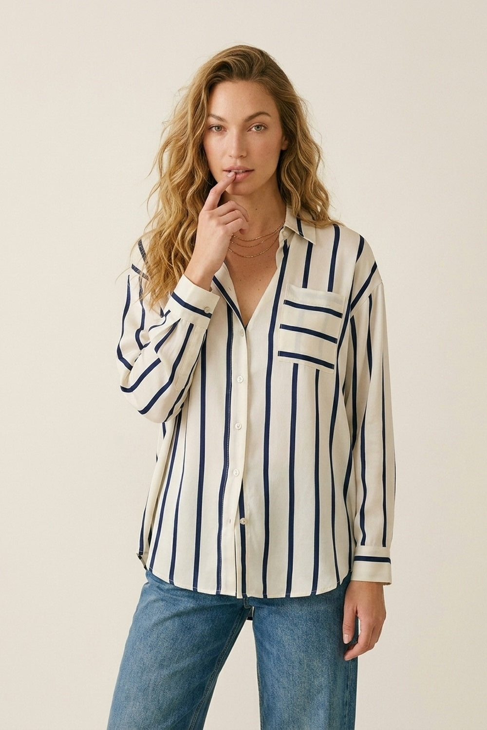 Cream Stripe Relaxed Fit Shirt in satin fabric with pocket - Shirts