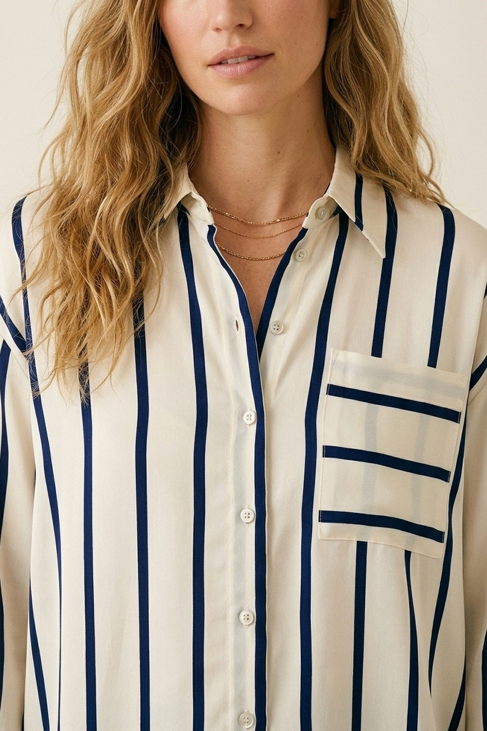 Cream Stripe Relaxed Fit Shirt in satin fabric with pocket - Shirts