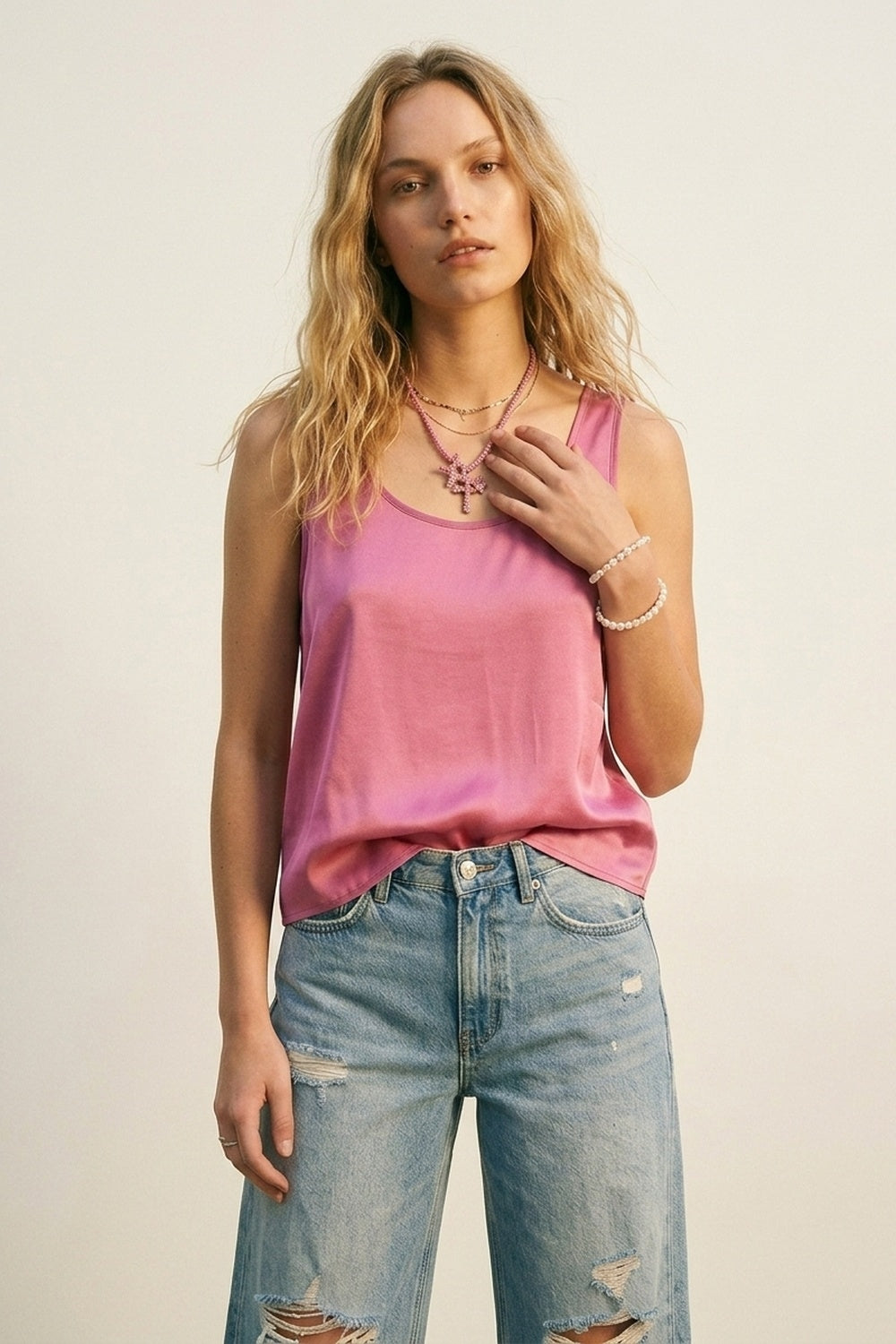 Fuchsia Satin Regular Fit Scoop Neck Sleeveless Tank Top - top